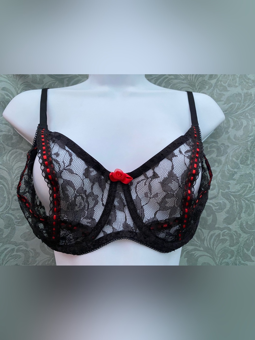 Vintage FREDERICKS OF HOLLYWOOD Open Cup Bra 36B 36C Black Lace Red Satin Sexy